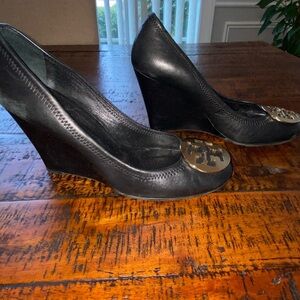Tory Burch Black Wedges with Gold Emblem